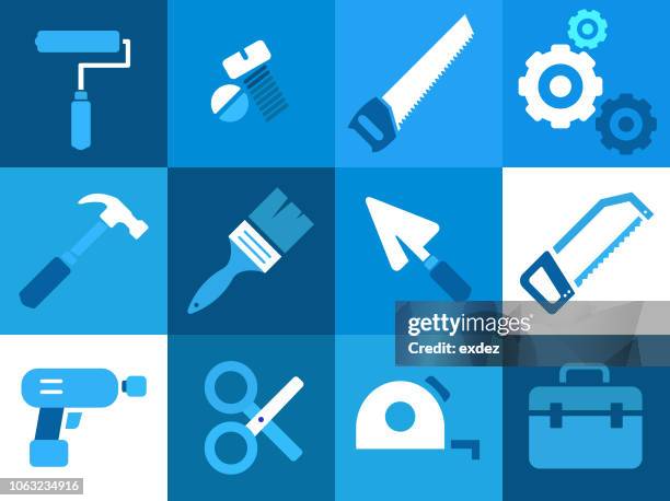 construction tools icon set - hammer and chisel stock illustrations