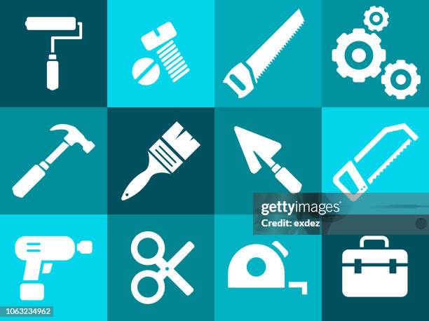 construction tools icon set - hammer and chisel stock illustrations