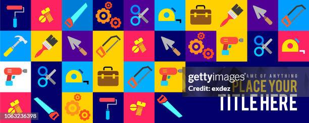 construction tools icons with title space - hammer and chisel stock illustrations
