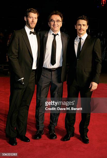 Aron Ralston, Danny Boyle and James Franco arrive at the European Premiere of '127 Hours' during the closing gala of the 54th BFI London Film...