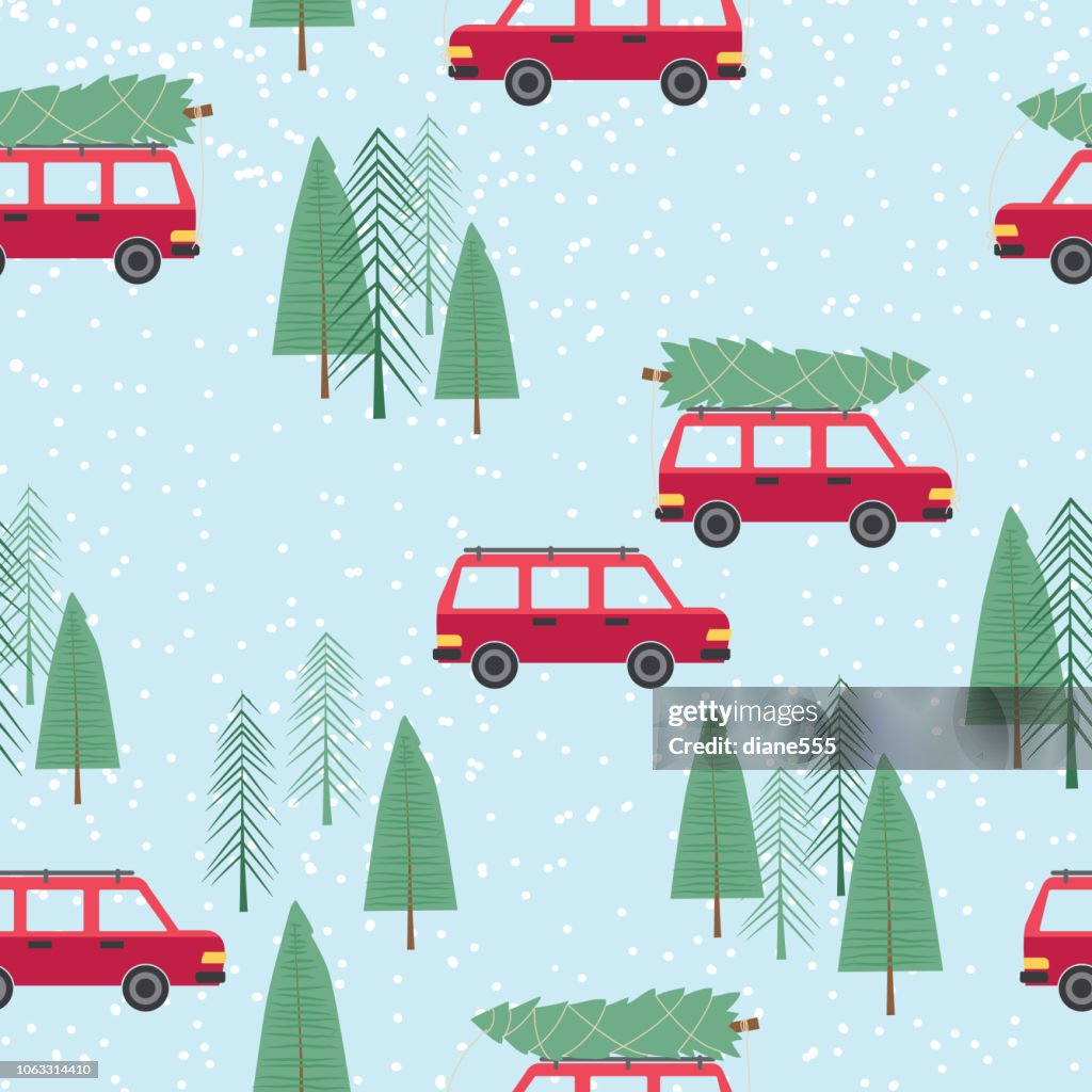 Cute Cartoon Car Driving With a Christmas Tree Seamless Pattern