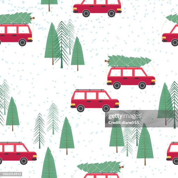 illustrazioni stock, clip art, cartoni animati e icone di tendenza di auto dei cartoni animati carina che guida con un albero di natale modello senza soluzione di continuità - car wrapping