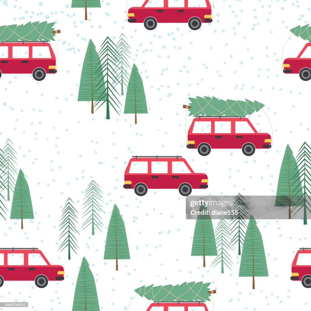 Cute Cartoon Car Driving With a Christmas Tree Seamless Pattern
