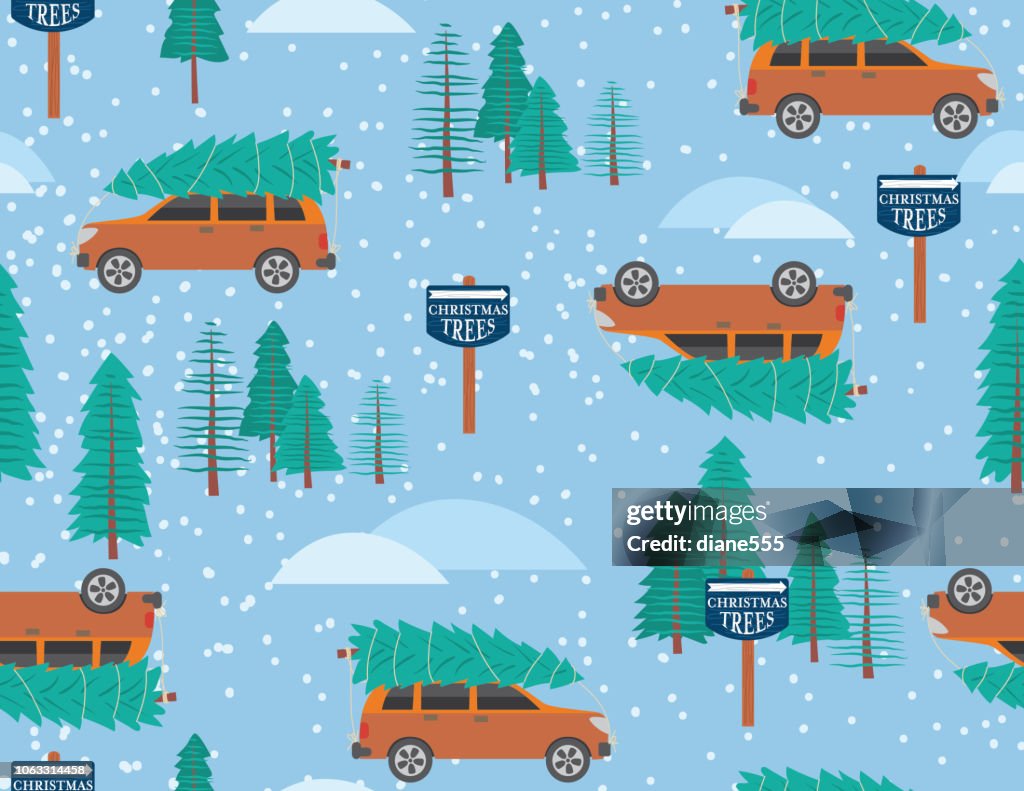 Cute Cartoon Car Driving With a Christmas Tree Seamless Pattern