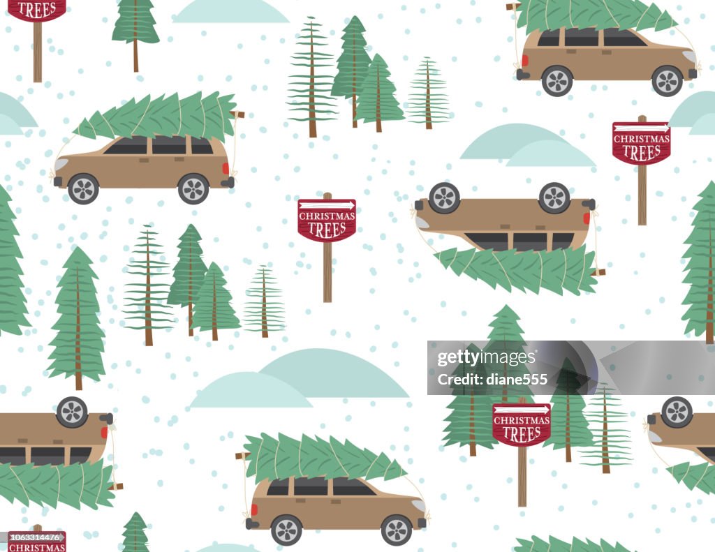 Cute Cartoon Car Driving With a Christmas Tree Seamless Pattern