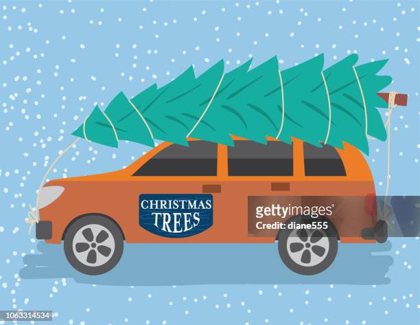 Cute Cartoon Car Driving With A Christmas Tree High-Res Vector Graphic -  Getty Images