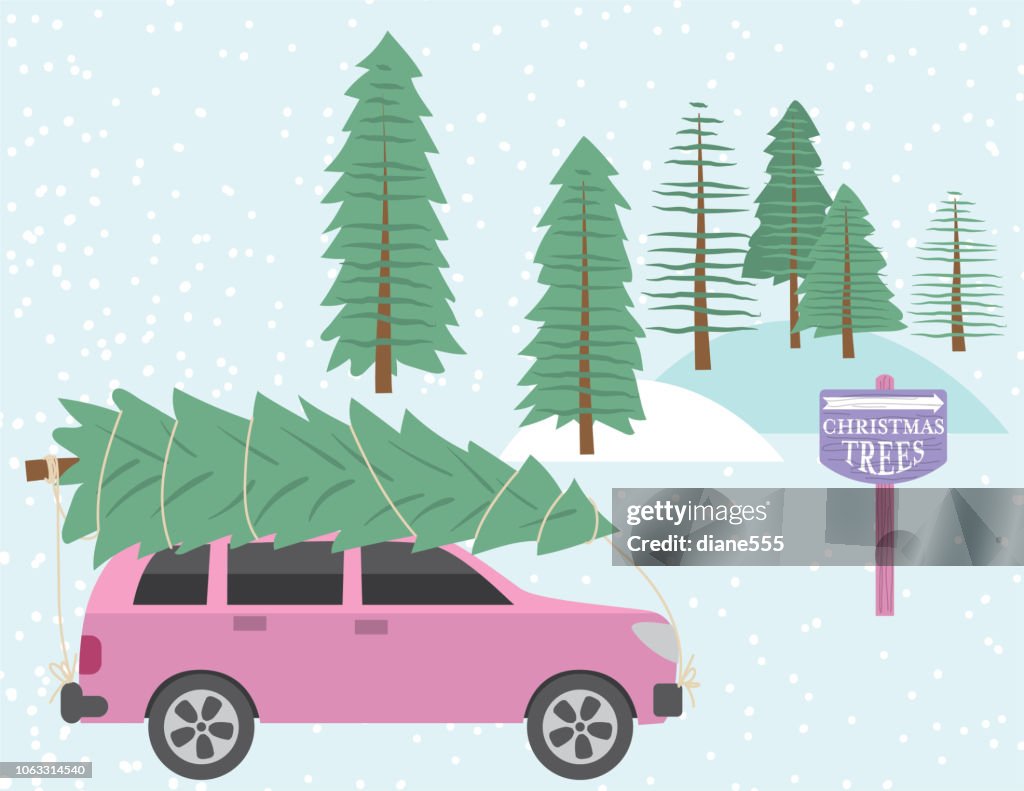 Cute Cartoon Car Driving With a Christmas Tree