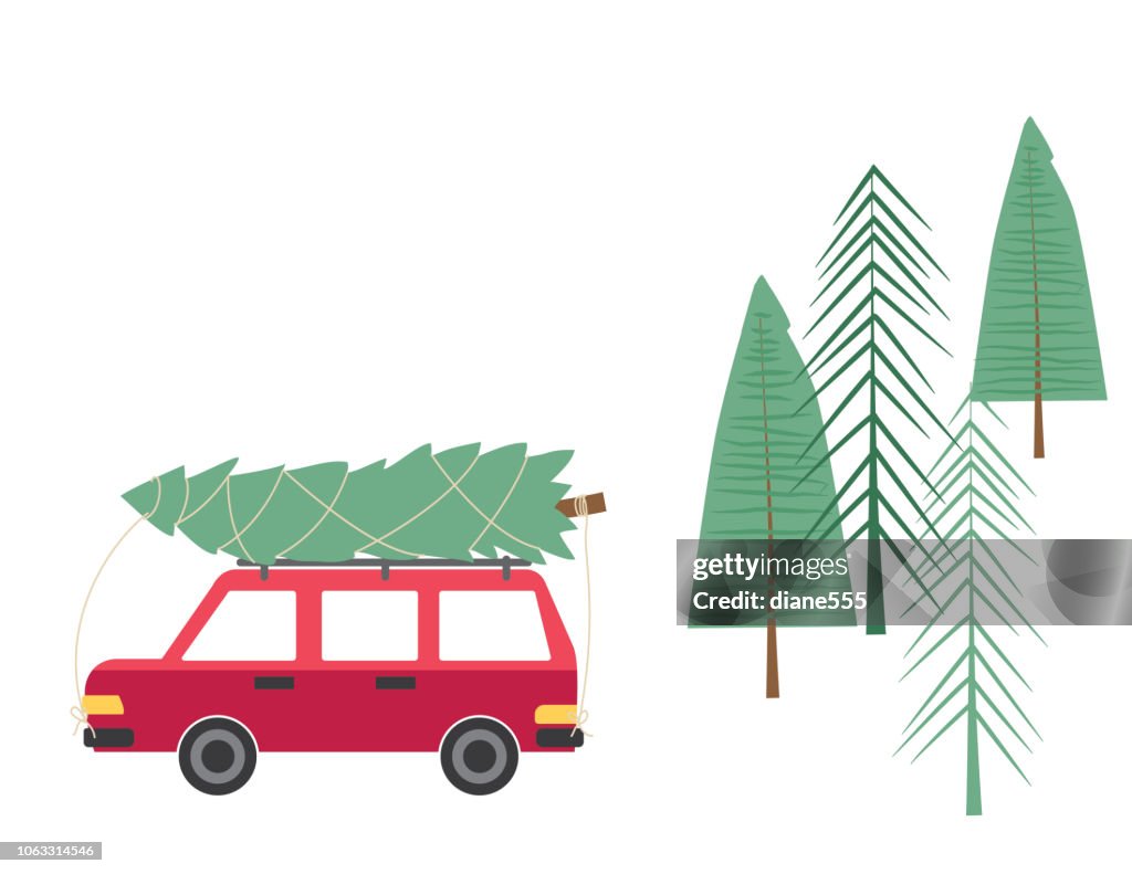 Cute Cartoon Car Driving With a Christmas Tree