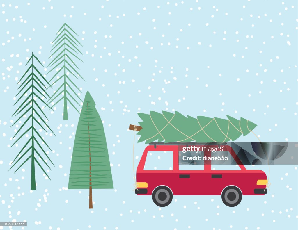 Cute Cartoon Car Driving With a Christmas Tree