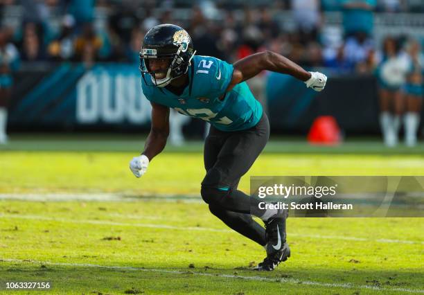 Dede Westbrook of the Jacksonville Jaguars runs a route during the second half against the Pittsburgh Steelers at TIAA Bank Field on November 18,...