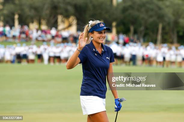 Lexi Thompson celebrates on the 18th green after winning the LPGA CME Group Tour Championship at Tiburon Golf Club on November 18, 2018 in Naples,...