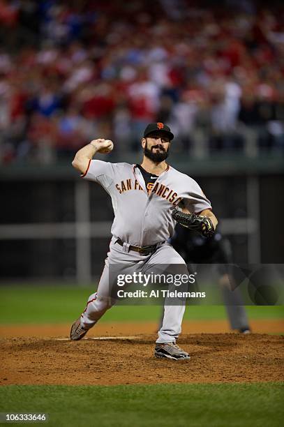 Playoffs: San Francisco Giants Brian Wilson in action, pitching vs Philadelphia Phillies. Game 6. Philadelphia, PA CREDIT: Al Tielemans