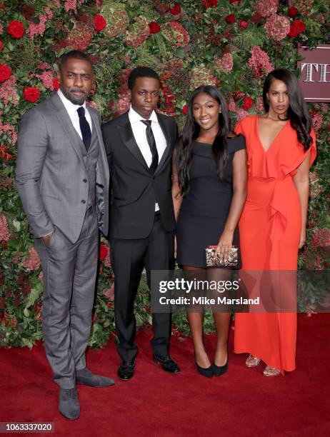 Idris Elba, guest, Isan Elba and Sabrina Dhowre attend the Evening Standard Theatre Awards 2018 at Theatre Royal on November 18, 2018 in London,...