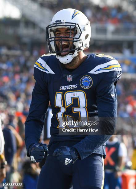 Wide receiver Keenan Allen of the Los Angeles Chargers celebrates his catch in the second quarter against the Denver Broncos at StubHub Center on...
