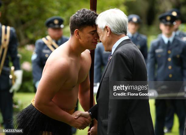 President of the Republic of Chile Sebastian Pinera is welcomed with a hongi at Government House in on November 19, 2018 in Auckland, New Zealand. It...