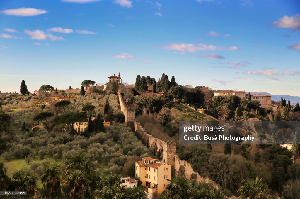 Florence Town Walls, medieval defensive walls, view from the Basilica of San Miniato al Monte. Tuscany, Italy