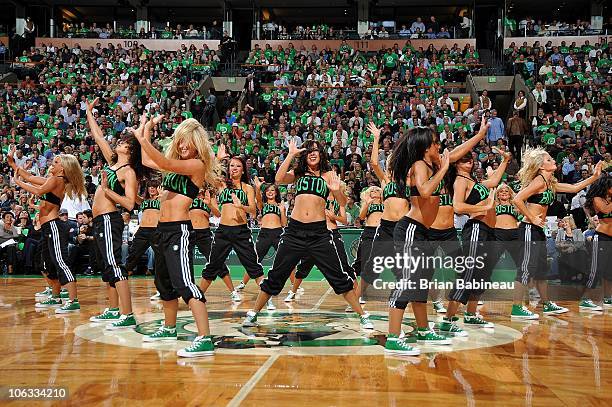 The Celtics Dancers perform during the season opening game between the Miami Heat and the Boston Celtics on October 26, 2010 at the TD Garden in...