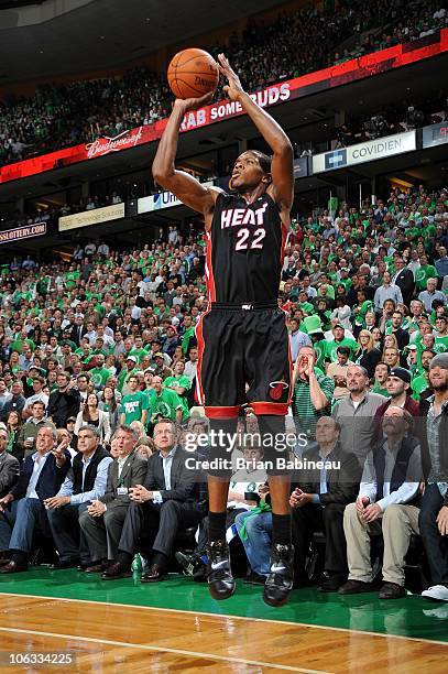 James Jones of the Miami Heat shoots against the Boston Celtics during the season opening game on October 26, 2010 at the TD Garden in Boston,...