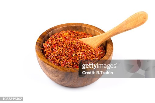 Wooden Bowl Bowl Of Red Chili Mix Crushed Red Chili Pepper In