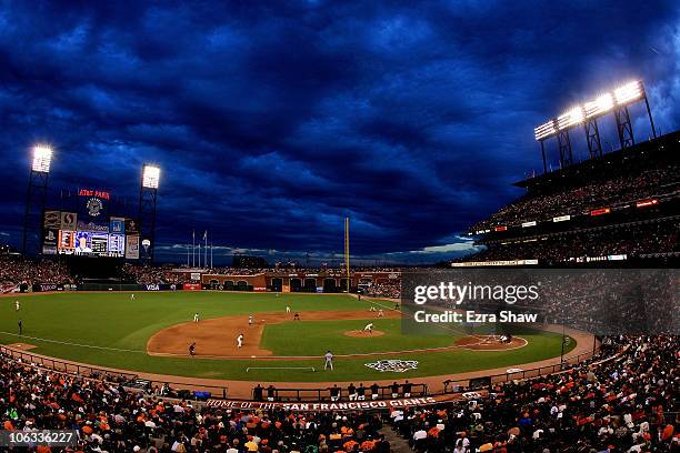 General view of starting pitcher Matt Cain of the San Francisco Giants pitches against the Texas Rangers in Game Two of the 2010 MLB World Series at...