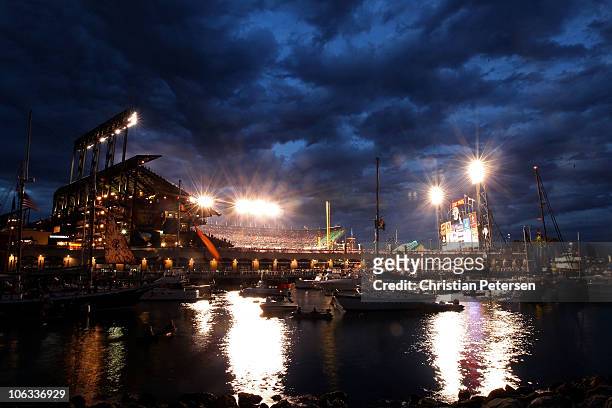 An exterior view of the outside of AT&T Park as boaters and fans congregate around McCovey Cove during Game Two of the 2010 MLB World Series between...