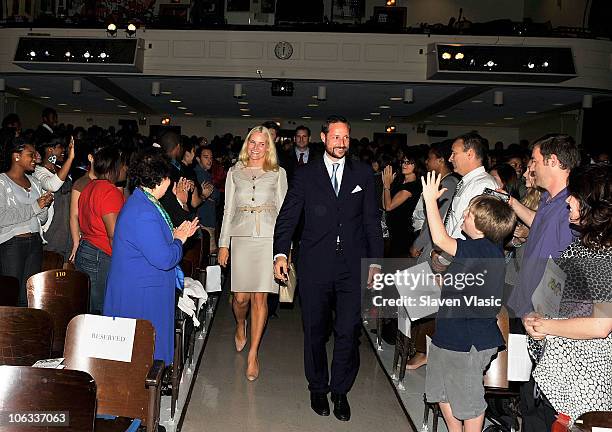 Crown Princess Mette-Marit and Crown Prince Haakon of Norway attend the children's opera "Max and Moritz" at the Lower Manhattan Arts Academy on...