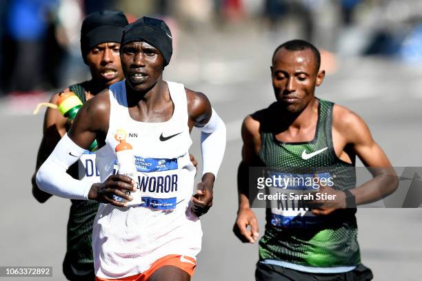Shura Kitata of Ethiopia and Geoffrey Kamworor of Kenya lead the Professional Men's Division during the 2018 TCS New York City Marathon on November...