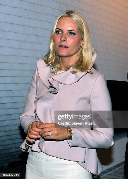 Crown Princess Mette-Marit Of Norway attends the exibition "Nordic Models+Common Ground" at Scandinavia House on October 28, 2010 in New York City.