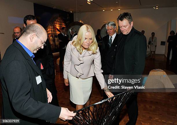 Crown Princess Mette-Marit Of Norway attends the exibition "Nordic Models+Common Ground" at Scandinavia House on October 28, 2010 in New York City.