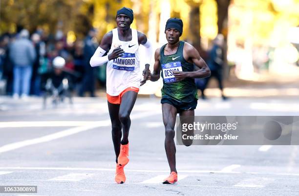Lelisa Desisa of Ethiopia and Geoffrey Kamworor of Kenya lead the Professional Men's Division during the 2018 TCS New York City Marathon on November...