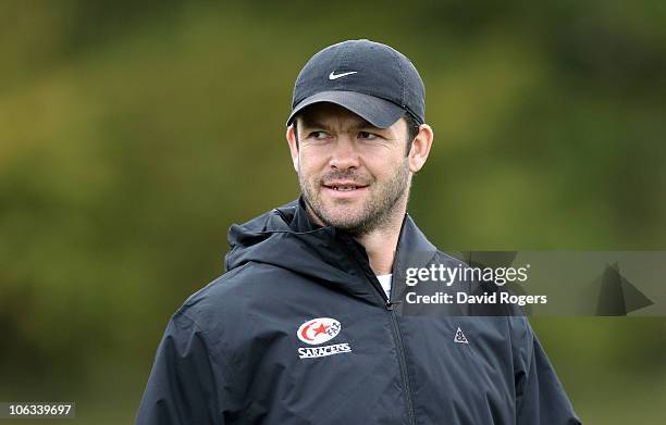 Andy Farrell, the Saracens backs coach looks on during training at Saracens training ground on October 28, 2010 in St Albans, England.