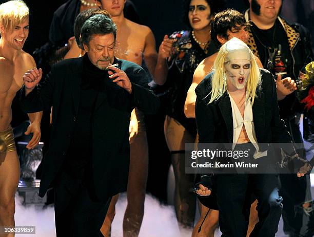Actors Tim Curry and Lucas Grabeel perform onstage during The Rocky Horror Picture Show 35th anniversary to benefit The Painted Turtle at The Wiltern...