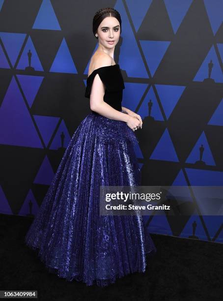 Lily Collins arrives at the Academy Of Motion Picture Arts And Sciences' 10th Annual Governors Awards at The Ray Dolby Ballroom at Hollywood &...