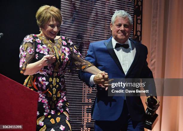 Patti LuPone and Sir Cameron Mackintosh, winner of the Lebedev Award for his contribution to musical theatre attend The 64th Evening Standard Theatre...