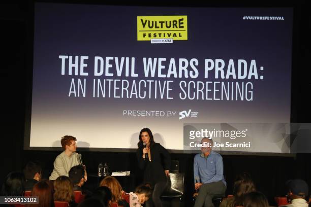 Brendan Scannell, Aline Brosh McKenna and Brendan Scannell speak onstage during 'The Devil Wears Prada: An Interactive Screening Presented by...