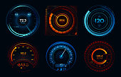 Speedometer indicators. Power meters, fast or slow internet connection speed meter stages vector concept