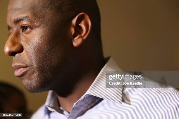 Florida Democratic gubernatorial candidate Andrew Gillum speaks to the media on the last day of early voting on November 04, 2018 in Miami, Florida....