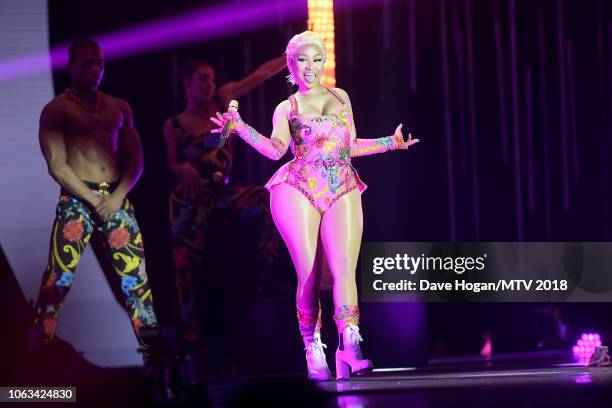 Nicki Minaj performs on stage during the MTV EMAs 2018 at the Bilbao Exhibition Centre on November 04, 2018 in Bilbao, Spain.