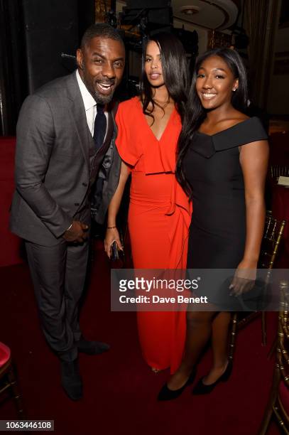 Idris Elba, Sabrina Dhowre and Isan Elba attend The 64th Evening Standard Theatre Awards after party at the Theatre Royal, Drury Lane, on November...