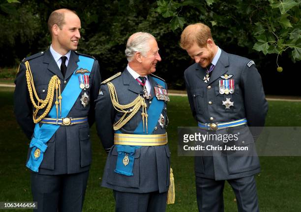 Prince Charles, Prince of Wales, Prince Harry, Duke of Sussex and Prince William, Duke of Cambridge pose for an official portrait in the gardens of...
