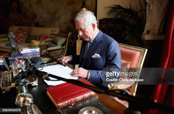 Prince Charles, Prince of Wales records commentary for the 'Prince and Patron' Exhibition from the garden room of Clarence House on June 5, 2018 in...