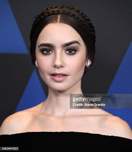 Lily Collins arrives at the Academy Of Motion Picture Arts And Sciences' 10th Annual Governors Awards at The Ray Dolby Ballroom at Hollywood &...