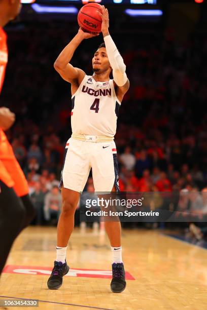 Connecticut Huskies guard Jalen Adams during the College Basketball game between the Syracuse Orange and the Connecticut Huskies on November 15, 2018...