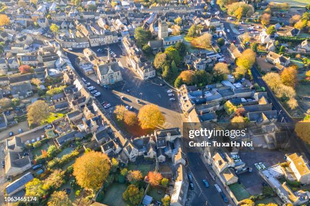 stow-on-the-wold town square viewed from a drone - stow on the wold stock pictures, royalty-free photos & images