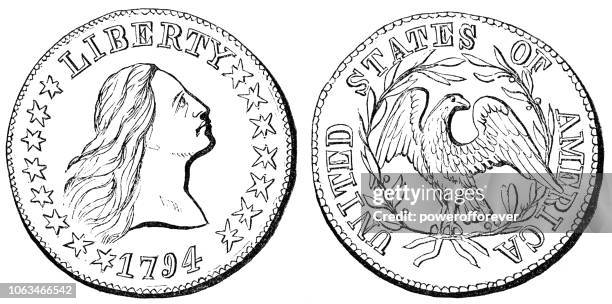 ilustrações de stock, clip art, desenhos animados e ícones de american flowing hair silver dollar, first official us dollar coin (1794) - moeda de um dólar dos estados unidos