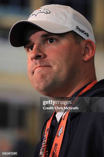 Head coach of the Denver Broncos Josh McDaniels speaks to the media during a press conference prior to the start of a team training session at The...