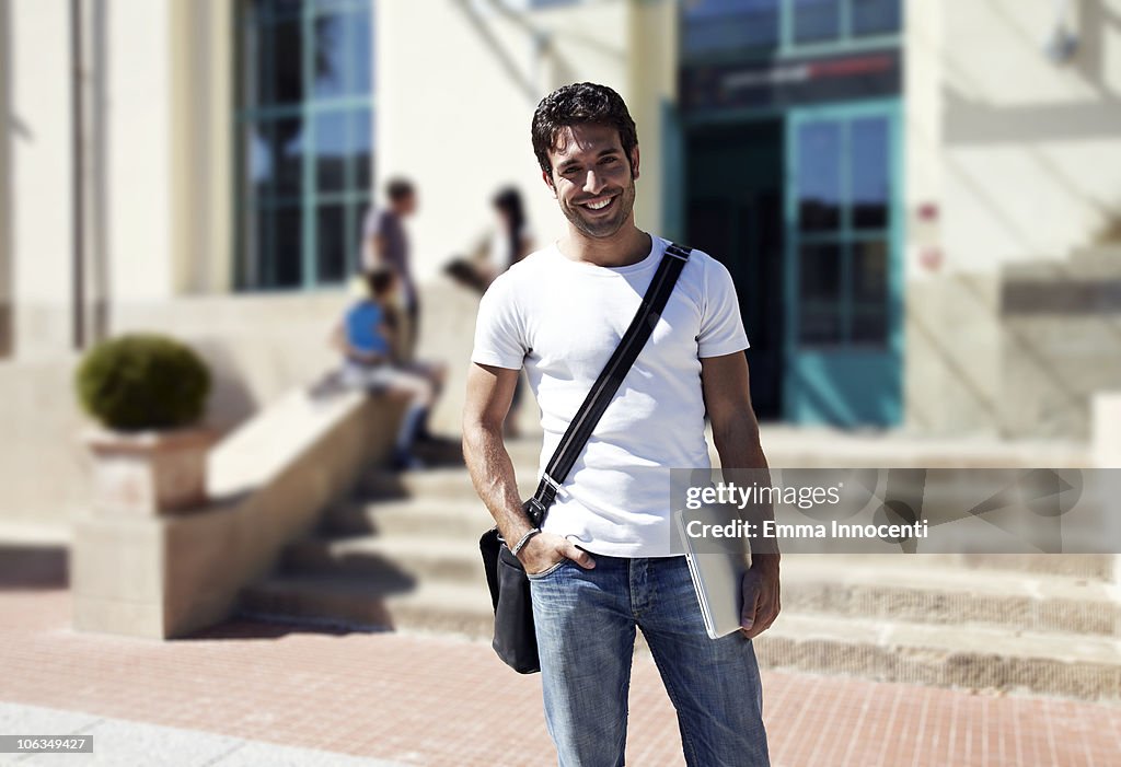 College, outdoor, boy, standing, smiling