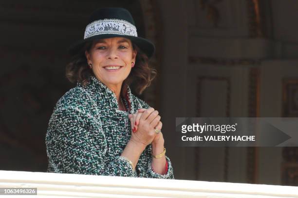 Princess Caroline of Hanover appears on the balcony of the Monaco Palace during the celebrations marking Monaco's National Day, on November 19, 2018...