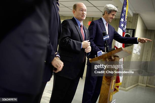 Delaware Democratic Senate nominee Chris Coons and U.S. Sen. John Kerry campaign at the Veterans of Foreign Wars Post 475 October 29, 2010 in Newark,...