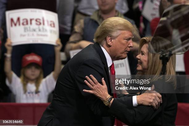 President Donald Trump hugs Rep. Marsha Blackburn during a campaign rally at the McKenzie Arena November 4, 2018 in Chattanooga, Tennessee....